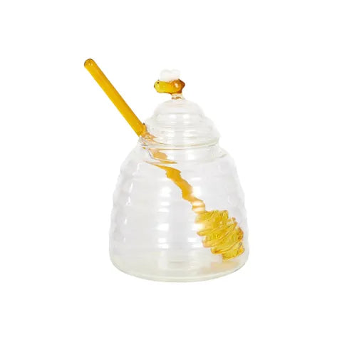 HIVE GLASS HONEY POT W DIPPER 10X15CM