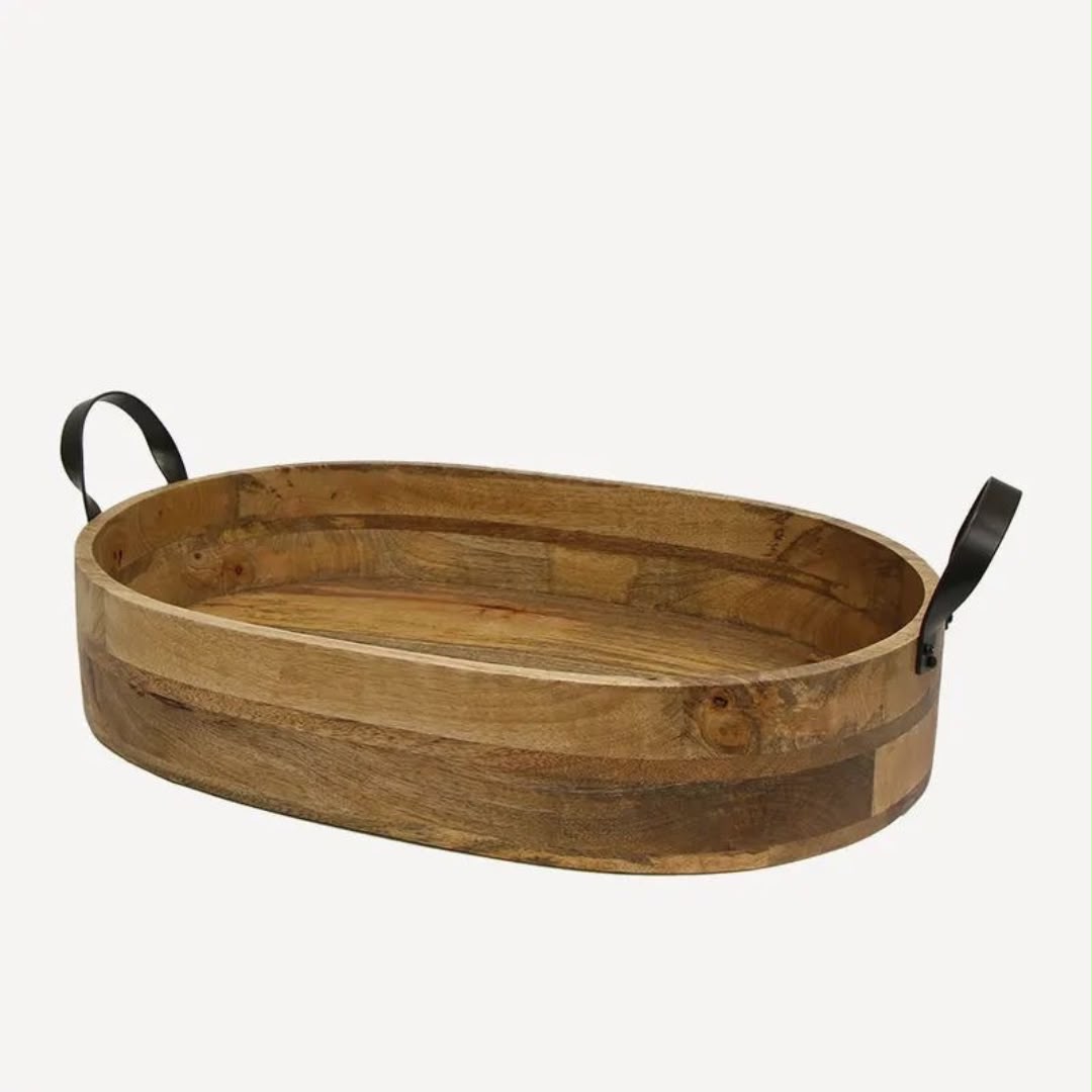 Oval Mango Wood Serving Tray with Iron Handles – Brown
